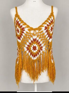 Vivid Boho Crochet Fringe Vest | Mustard Granny Square Festival Cover-Up Size M